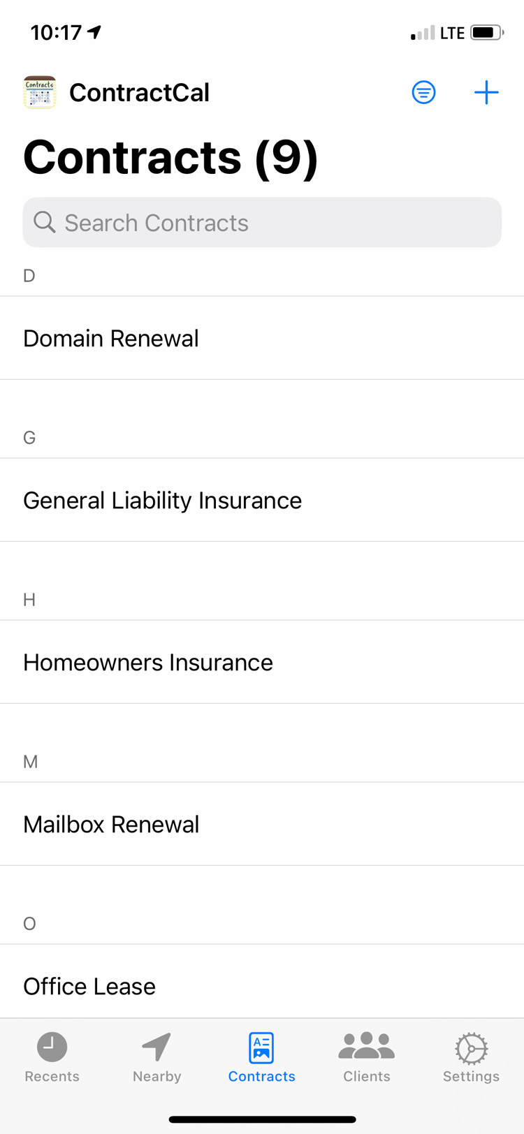 Contracts list view
